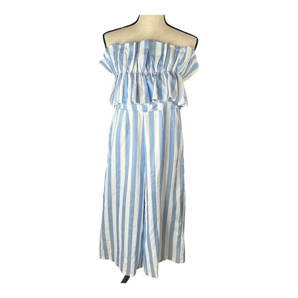 Entro Voluminous Top‎ Wide Leg Blue White Striped Jumpsuit Size Medium